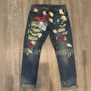 Heritage America 1776 Men’s Slim Straight Distressed Paint Splatter Blue Jeans